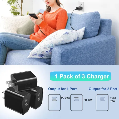 Vista 4 de Costyle - Cargador de pared USB C [3 unidades], bloque de carga doble USB C de 20 W, enchufe de pared rápido C, bloque de carga tipo C para iPhone