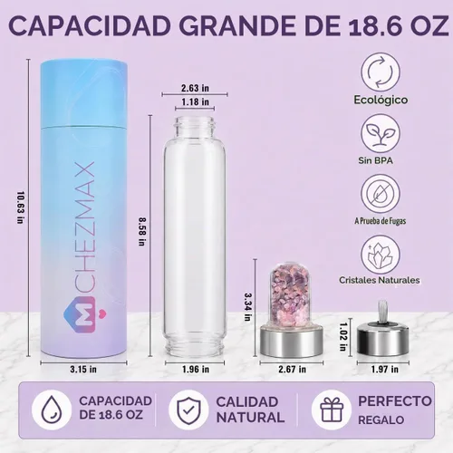 Vista 2 de ChezMax Botella de agua en cristal con centro de cristal natural intercambiable A - Amatista + cristal rosa