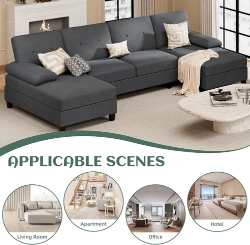 Vista 7 de Vongrasig Camillas seccionales para sala de estar, sofá en forma de U con diván, sofá modular grande moderno de 4 asientos para sala de estar Negro