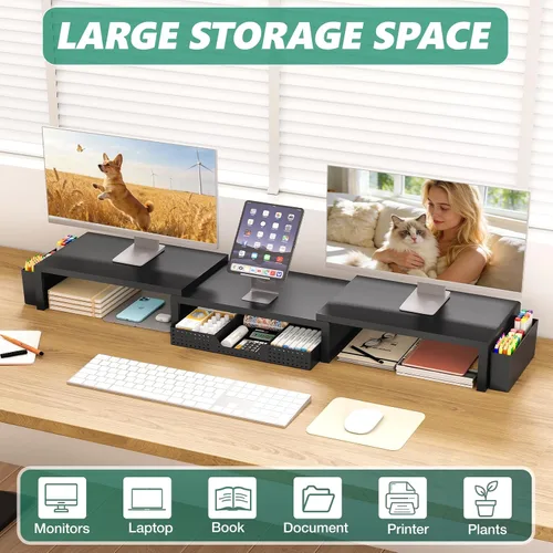 Vista 5 de OPNICE Soporte elevador de monitor doble con cajón y 2 soportes para bolígrafos, organizador de escritorio para suministros de oficina, soporte