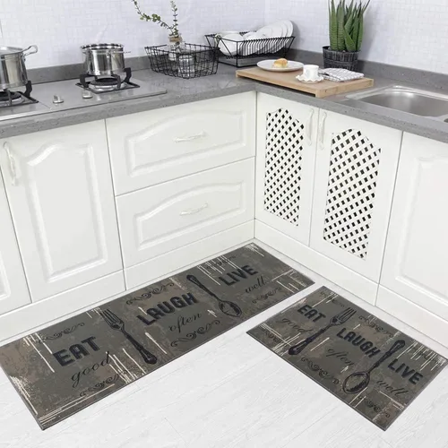 Vista 14 de Carvapet Juego de 2 alfombras de cocina con respaldo antideslizante, tapete para cocina, corredor de entrada, diseño de lema, negruzco/gris oscuro