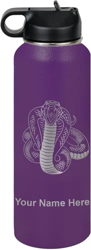 Vista 53 de LaserGram Botella de agua personalizada, serpiente de cobra, acero inoxidable de doble pared aislada al vacío con popote superior, regalo grabado