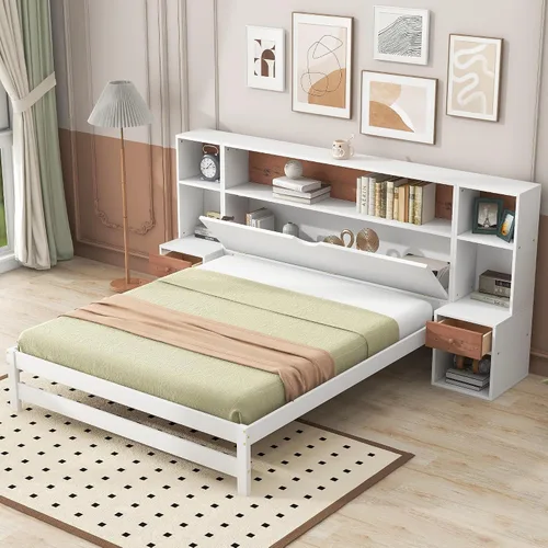 Vista 11 de Cama de plataforma de tamaño matrimonial con cajones y estantes de almacenamiento, base de cama de madera maciza, base de colchón con cabecera