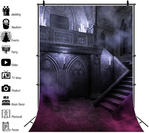 Vista 2 de AOFOTO Telón de fondo de 3 x 5 pies con diseño de castillo de estilo gótico sombrío para fotografía, habitación aterradora, noche de Halloween