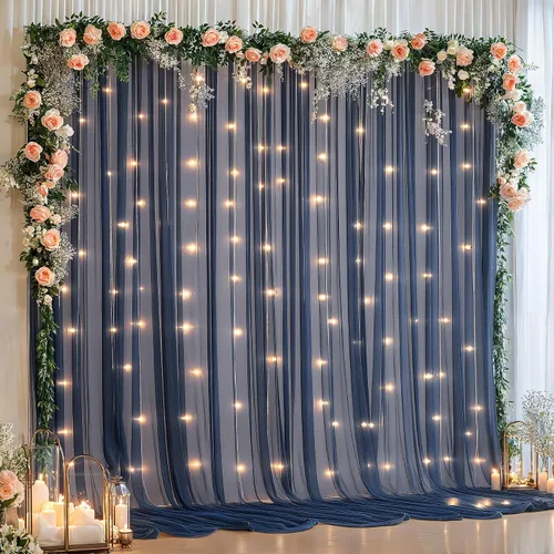 Vista 33 de Cortina de telón de fondo de tul azul bebé de 10 x 8 pies con cadena de luces para fiestas, cortinas de fondo transparentes para bodas, baby shower