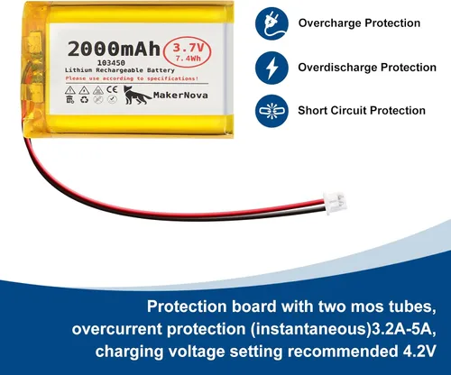 Vista 6 de Batería LiPo de 3.7V 103450 2000mAh, recargable 1S 3C, conector Micro JST 1.25, placa de protección dual, paquete de 4