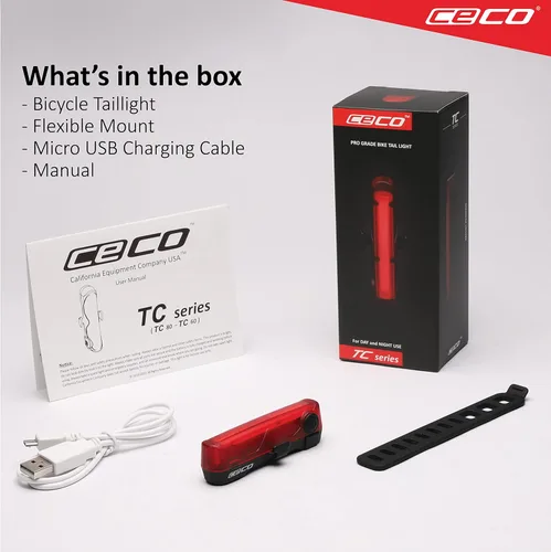 Vista 6 de CECO Luz trasera de bicicleta recargable USB de 80 lúmenes de EE. UU. - Luz trasera de bicicleta TC80 modelo súper amplia brillante - IP67