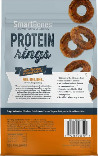 Vista 2 de SmartBones Protein Rings - Golosinas para perros sin piel cruda, pollo real, 10.5 onzas Con pollo real y batata, 30% proteína por anillo, sin