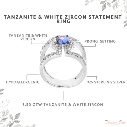 Vista 4 de Femme Luxe Anillo de declaración de tanzanita y circonita blanca de 3.50 GTW en plata de ley 925. Regalo para ella. Embalaje listo para regalo.