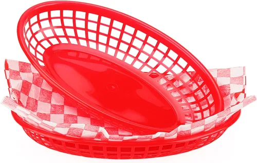 Vista 3 de MANCHAP Paquete de 50 cestas rojas de comida rápida de 8.8 x 5.5 pulgadas, cestas de plástico para servir alimentos con 100 forros a cuadros, cestas