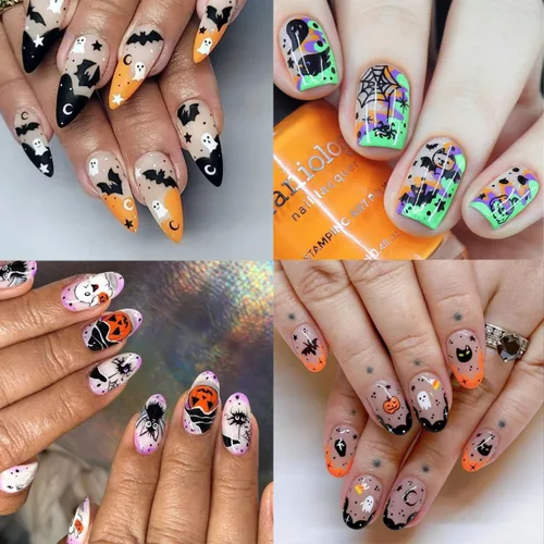 Vista 5 de 24 hojas de calcomanías de arte de uñas de Halloween autoadhesivas 3D, fantasma, calabaza, murciélago, gato, cráneo, diseños de uñas, calcomanías
