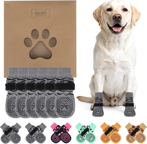 Vista 8 de KOOLTAIL Calcetines antideslizantes para perros para pavimento caliente, 3 pares de botas de perro y protectores de patas para evitar lamer