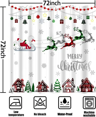 Vista 7 de Cortina de ducha de Feliz Navidad, trineo de Papá Noel, reno, copo de nieve, vacaciones, cuadros rojos y verdes, juego de cortinas de ducha