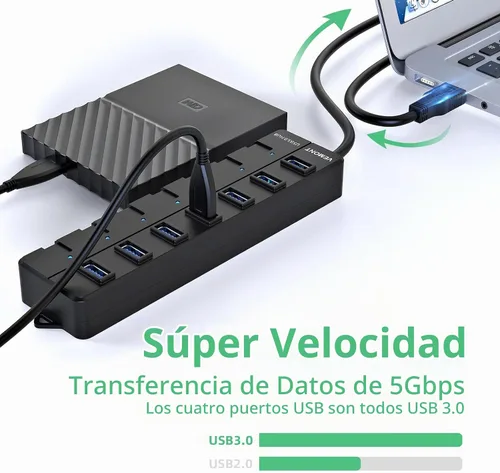 Vista 6 de Concentrador USB, concentrador USB 3.0 de 7 puertos, divisor USB VEMONT con interruptores y luces individuales de encendido/apagado, cable largo USB
