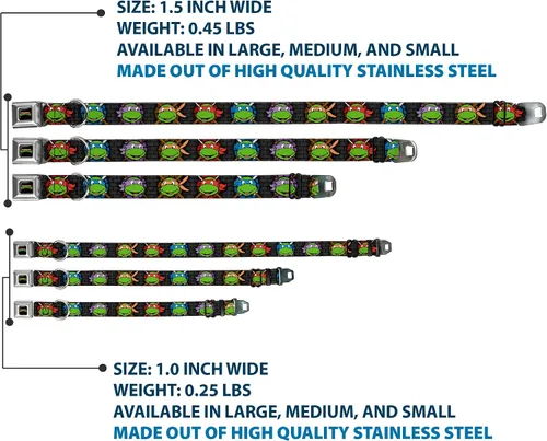 Vista 3 de Buckle-Down Collar de perro con hebilla de cinturón de seguridad, clásico TMNT Expessions/Battle Gear gris/multicolor - 1" de ancho - Se adapta a