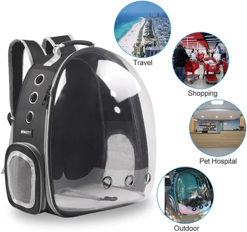 Vista 7 de Mochila para llevar a tu mascota (gatos, perros, conejos, etc.), aprobada por aerolíneas, mochila transparente con cápsula y ventilación