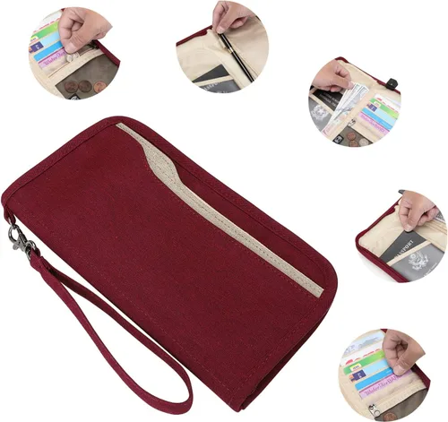 Vista 5 de ZOPPEN Cartera de viaje RFID y organizador de documentos con cremallera con correa de muñeca extraíble, Cartera RFID