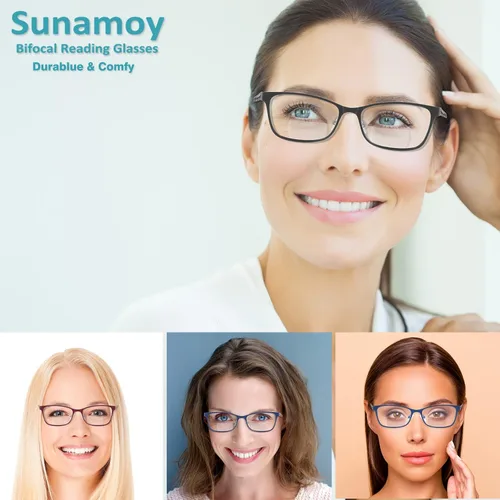 Vista 8 de Gafas de lectura bifocales pequeñas para mujer, con luz azul, lector de computadora, parte superior transparente, Cateye para mujer, gafas elegantes
