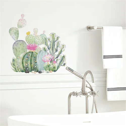 Vista 4 de Calcomanías de pared simples de cactus suculentas, calcomanías de pared de plantas verdes tropicales, calcomanías de pared extraíbles de vinilo