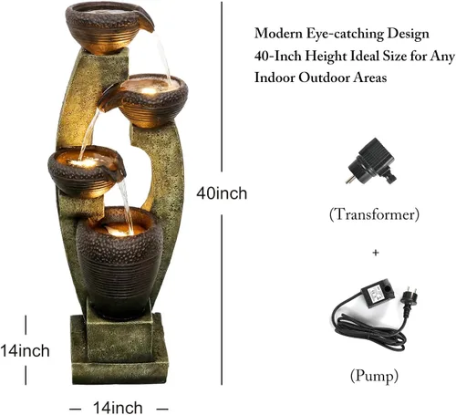 Vista 5 de Fuente moderna para exteriores de 40 pulgadas de alto, 4 fuentes de jardín Crocks con diseño contemporáneo para jardín, patio, terraza, porche