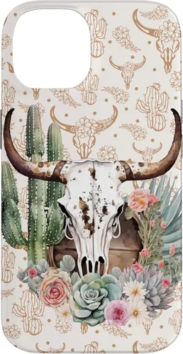 Vista 4 de Western Boho Chic Longhorn Bull Skull Cactus Beige Pattern Case for iPhone 17