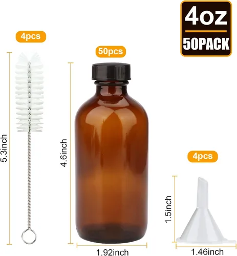 Vista 2 de Maredash Botellas de vidrio ámbar de 4 onzas, botellas de vidrio redondas Boston (paquete de 50) con tapas a prueba de fugas, recipiente recargable