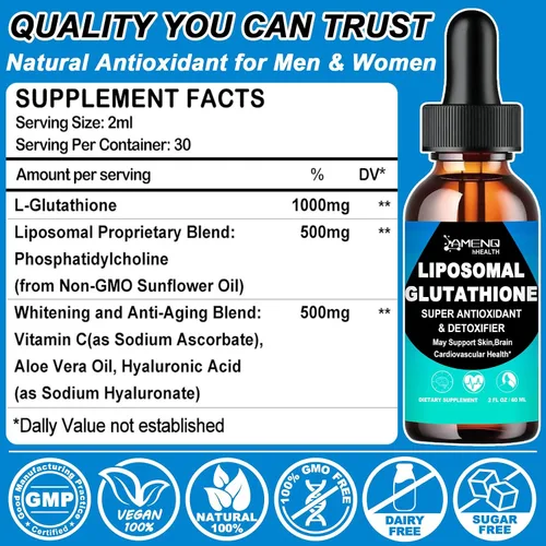 Vista 2 de Suplemento líquido de glutatión liposomal, forma activa L-glutatión con aceite de aloevera, vitamina C y ácido hialurónico para desintoxicación