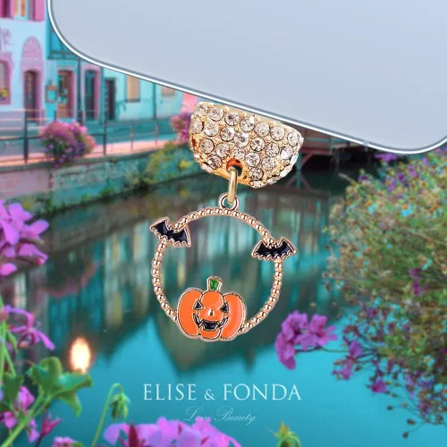 Vista 2 de ELISE & FONDA CP511 Puerto de carga USB de cristal anti polvo enchufe Halloween calabaza y murciélago teléfono encanto para iPhone 13/12/11/XS