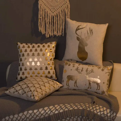 Vista 9 de JWH Funda de almohada decorativa de ciervos amantes de la Navidad, con estampado dorado, funda de almohada de lino, cojín de invierno
