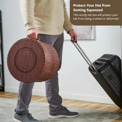 Vista 2 de Creative Scents Caja grande para sombreros para hombres y mujeres, contenedor redondo para sombreros, fácil viaje, con tapa de bloqueo dorada y asa
