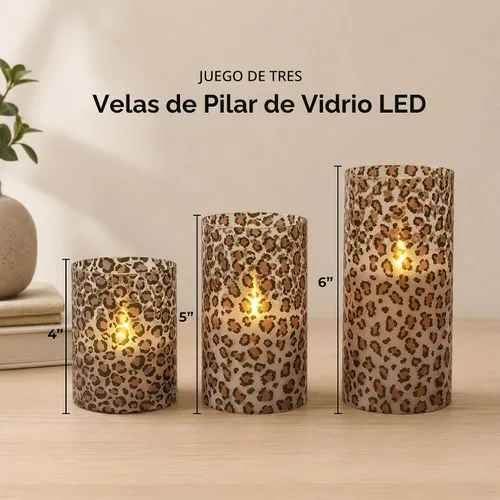 Vista 2 de Mark Feldstein - Velas LED de cristal con estampado de leopardo, juego de 3