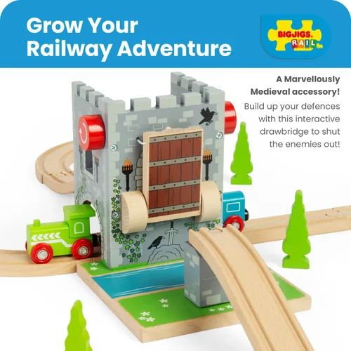 Vista 7 de Bigjigs Rail Puente levadizo de castillo de madera Accesorios de juguete para el juego clásico de pistas de tren de madera Regalos temáticos