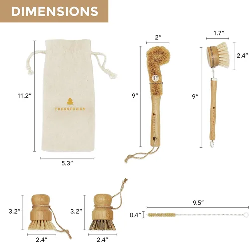 Vista 5 de Juego de cepillos de bambú natural con soporte - Cepillo de madera ecológico para platos