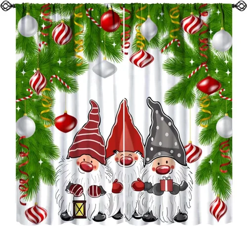 Vista 19 de Cortinas de Navidad de gnomo, bolas de árbol de Navidad, luces, regalos, decoración de tablones para sala de estar, dormitorio, bolsillo para barra