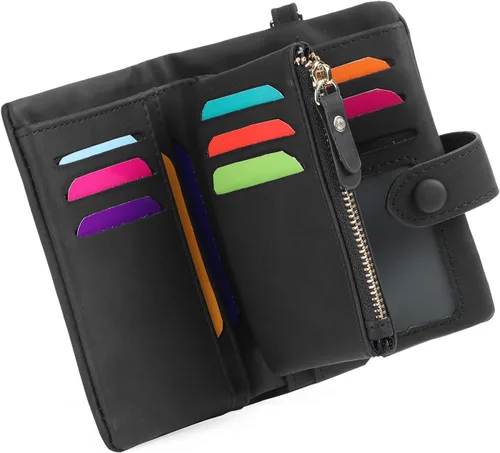 Vista 2 de RNIEGA Cartera pequeña de cuero plegable para mujer, con bloqueo RFID, con tarjetero y ventana de identificación, monedero