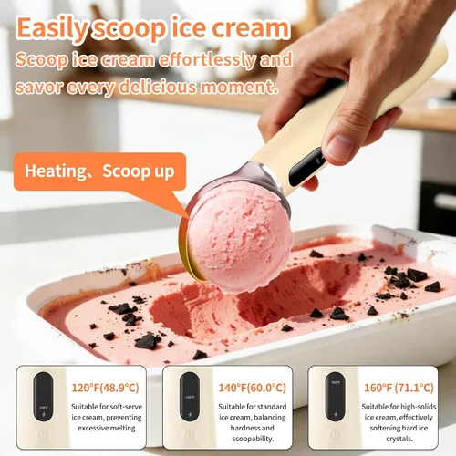 Vista 4 de Cuchara de helado con calefacción recargable, resistente al agua IP67, cuchara eléctrica para helado con pantalla LED, se calienta a 158.0 °F