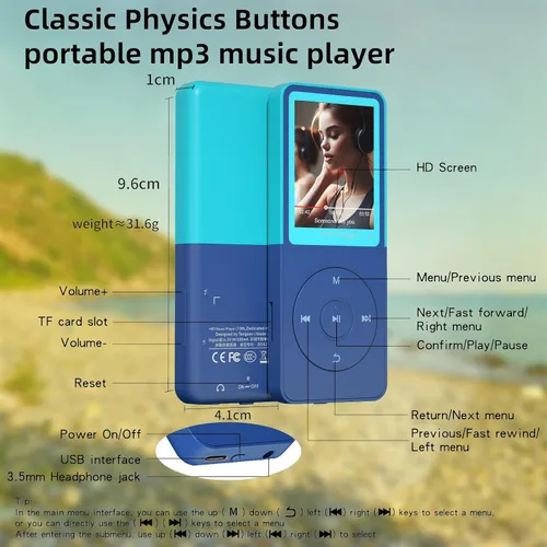 Vista 5 de Reproductor de MP3 con Bluetooth 5.3, pantalla de 1.8", reproductor Azul