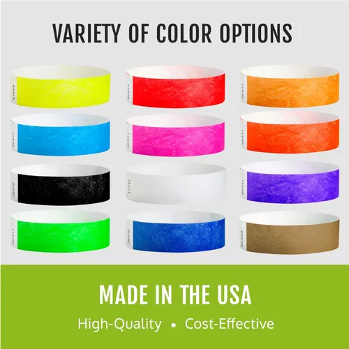 Vista 6 de 1,600 pulseras Wristco Tyvek para eventos, 8 colores (200 bandas por), paquete variado, diseño a prueba de manipulaciones que evita