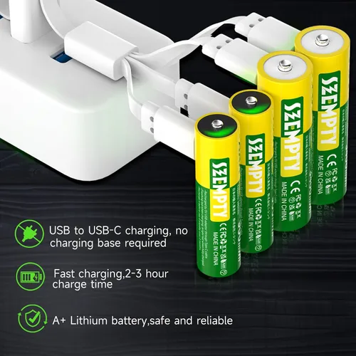 Vista 4 de Paquete combinado de baterías recargables AA y AAA, 1.5 V USB-C de litio doble A 3400 mWh y triple A de 900 mWh con cable 4 en 1 de carga rápida