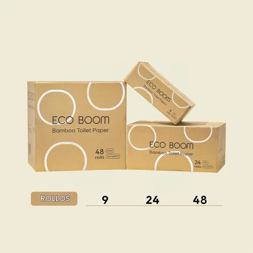 Vista 7 de ECO BOOM Papel higiénico de bambú sin blanquear, 100% libre de deforestación y sin plástico, 3 capas resistentes, certificado FSC, sin fragancia, 9