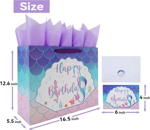 Vista 2 de Qirrmiy Juego de bolsas de regalo de cumpleaños de sirena extra grande de 16.5 pulgadas con asas, tarjeta de felicitación, papeles de seda morados