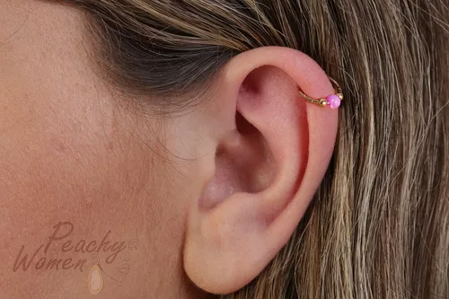 Vista 3 de Anillos de hélice de oro martillado 20G + ópalos + liso Rosa (Pink opal)