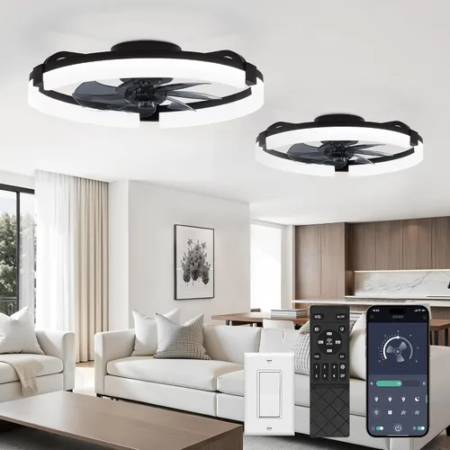 Vista 14 de LEDIARY Ventiladores de techo de bajo perfil de 19.7 pulgadas con luces y control remoto, 6 velocidades, 3 CCT, reversible, regulable, ventilador