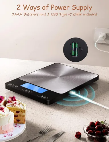 Vista 3 de Báscula digital de cocina de 33 libras para alimentos, onzas, recargable, acero inoxidable 304, baterías y carga tipo C, perfecta para preparar