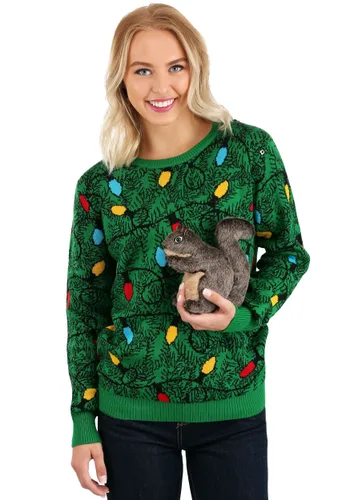 Vista 4 de Suéter feo para adulto de ardilla 3D en el árbol de Navidad Multicolor