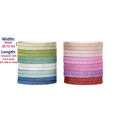 Vista 2 de YUKUNTANG Juego de cinta adhesiva Washi con purpurina, 24 rollos, 3mm x 120,6 metros, cinta adhesiva decorativa de lámina metálica brillante