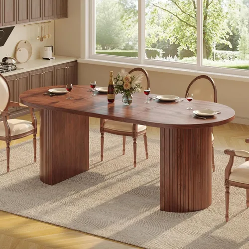 Vista 4 de ONBRILL Mesa de comedor de 70.8 pulgadas para 4-6, mesa de comedor ovalada con base de tira de madera acanalada curvada, mesas de cocina modernas
