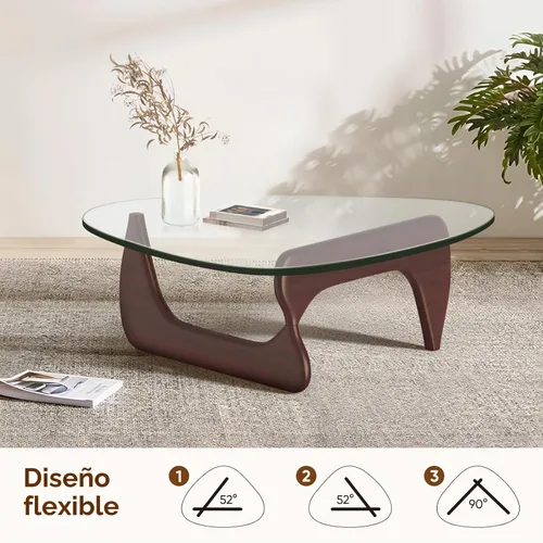 Vista 7 de Mesa de café triangular de vidrio moderna, con vidrio transparente vintage y base de madera maciza, mesa auxiliar para sala de estar, oficina, Nogal
