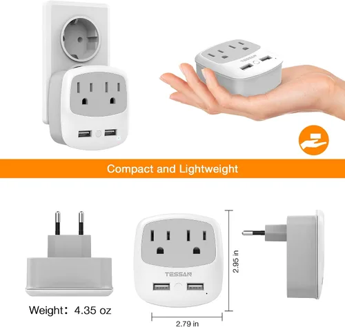 Vista 10 de TESSAN Convertidor de adaptador de enchufe europeo de viaje International Power Plug Converter, 2 USB Ports, Type C Outlet, US to Most of Europe
