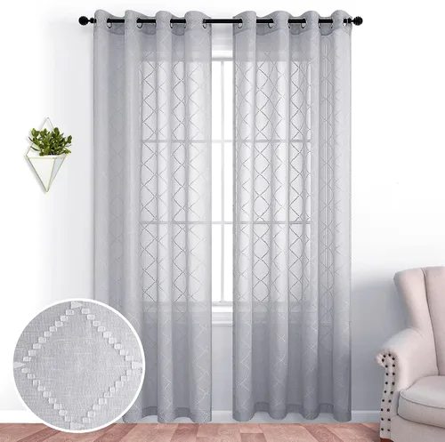 Vista 7 de KOUFALL Cortinas negras de 63 pulgadas de largo para dormitorio, juego de 2 paneles transparentes con ojales para ventana, cortinas geométricas